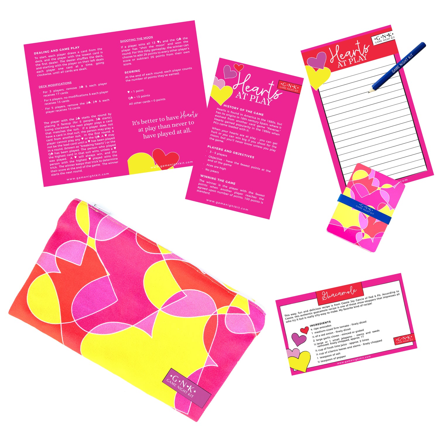 The Hearts at Play GNK contains branded materials including 1 deck of cards, instructions, scorepad, pencil, recipe and rubber band.  All materials are conveniently stored in the custom artwork zippered canvas pouch.